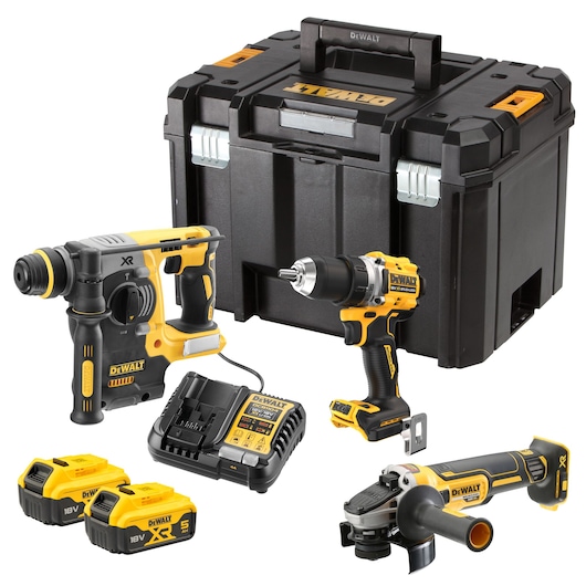 DEWALT tool kit with drill, grinder, rotary hammer, two batteries, charger and hard carrying case.
