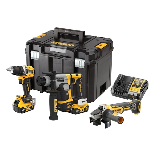 DEWALT power tool kit with drill, rotary hammer, angle grinder, charger, and sturdy black carrying case.