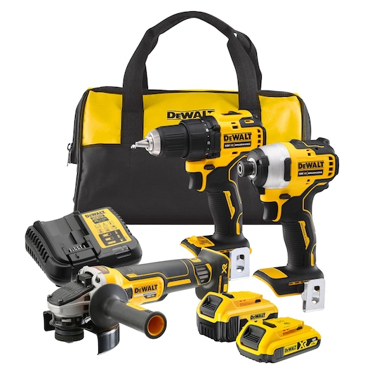 DEWALT toolkit with power drill, impact driver, grinder, two batteries, charger and carrying bag in yellow and black.