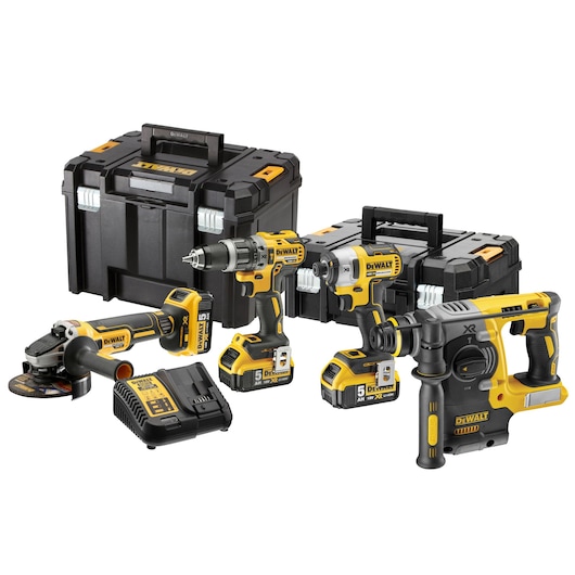 DEWALT tool kit with drill, impact driver, grinder, rotary hammer, cases, and battery charger.