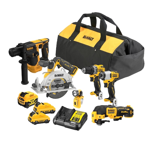 DEWALT tool kit with bag, power tools, batteries, charger, rotary hammer, saw, drills, and flashlight.