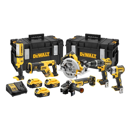 DEWALT DCK623P3 tool kit with cordless power tools, batteries, charger, and two cases.