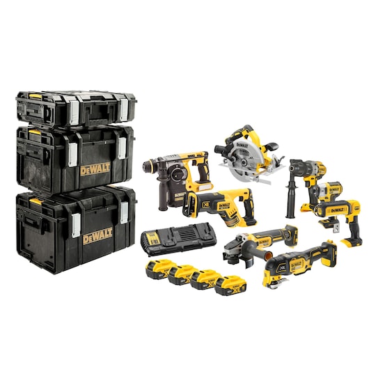 DEWALT tool kit with power tools, batteries, charger, and three stackable storage boxes.