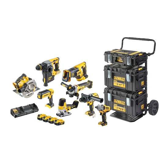 A DEWALT 8-piece cordless power tool set including a circular saw, hammer drill, reciprocating saw, angle grinder, jigsaw, impact drill, batteries, charger, and three stacked rolling toolboxes.