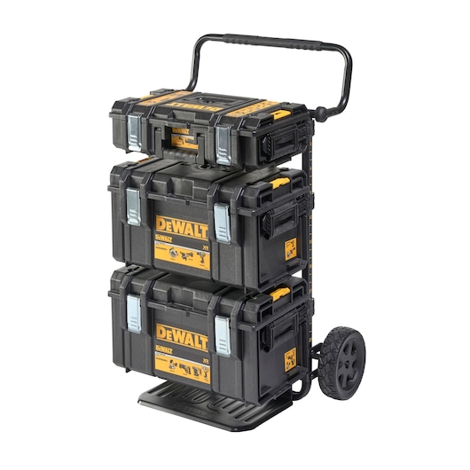 Stacked DEWALT tool boxes on a wheeled cart with handle, designed for portable storage and easy transportation.