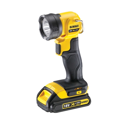 DEWALT DCL040 18V cordless LED work light with ergonomic handle and yellow-black design.