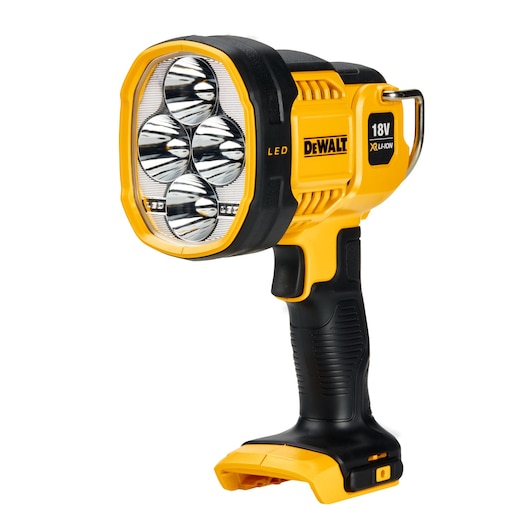 A DEWALT DCL043 portable LED spotlight with 18V XR Li-Ion battery compatibility. The device is yellow and black with four LED bulbs and a sturdy handle.