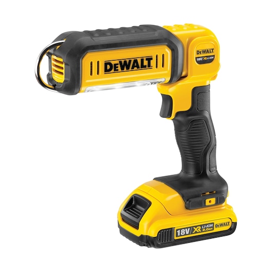 DEWALT DCL050 18V handheld work light with black-yellow design and ergonomic handle.