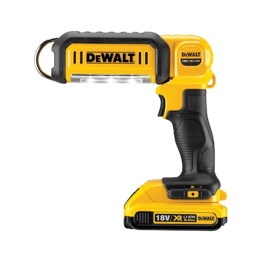 DEWALT DCL050 cordless LED work light with yellow and black handle, 18V battery attached.