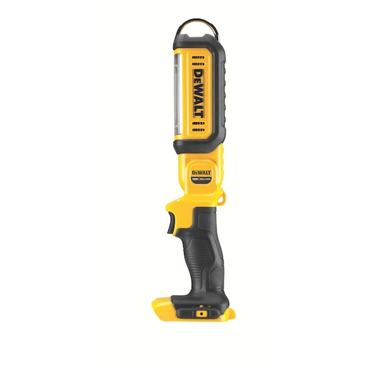 A DEWALT DCL050 portable handheld work light in yellow and black color, designed for use with 18V/20V MAX batteries, featuring an ergonomic handle and hook for hanging.
