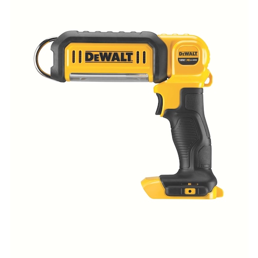 A DEWALT DCL050 handheld portable work light with a yellow and black design, featuring a comfortable grip handle and a metal hanging hook at the top.