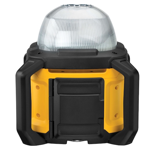 A DEWALT portable LED work light with a dome-shaped clear lens and a sturdy yellow and black housing, shown from the front.