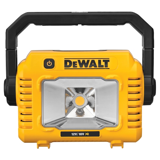 DEWALT portable LED work light with handle, yellow and black, suitable for 12V/18V XR batteries.