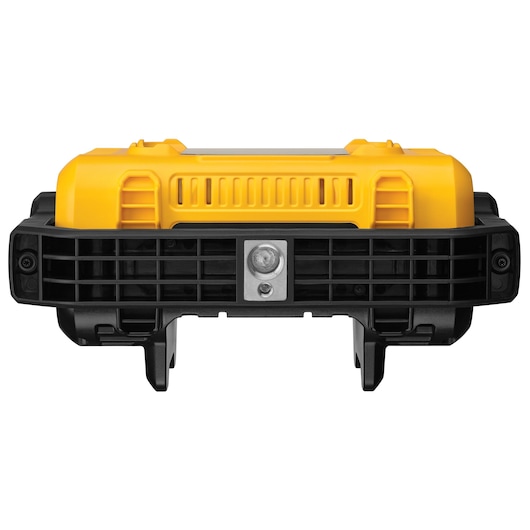Front view of a DEWALT portable yellow and black work light with mounting bracket.