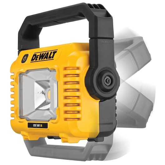 DEWALT DCL077 yellow portable LED work light with swivel handle for adjustable lighting.