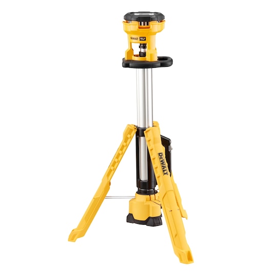 DEWALT DCL079 yellow tripod work light with adjustable height and three legs for jobsite illumination.