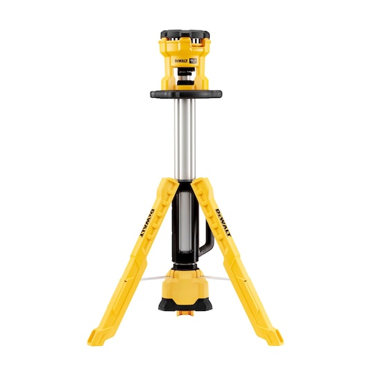 DEWALT DCL079 yellow LED tripod work light with adjustable height, shown standing upright.