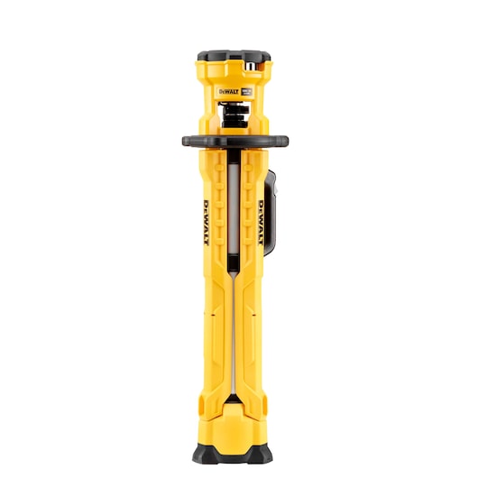 Folded DEWALT DCL079 yellow tripod work light with black accents, shown upright on a white background.