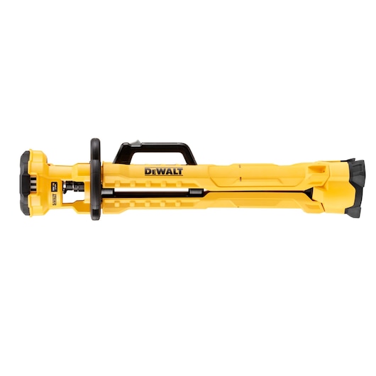 Folded DEWALT DCL079 yellow tripod LED work light with handle, compact for transport or storage.