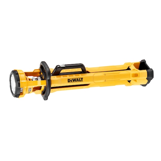 Folded yellow DEWALT work light with handle, suitable for photography and job site illumination.