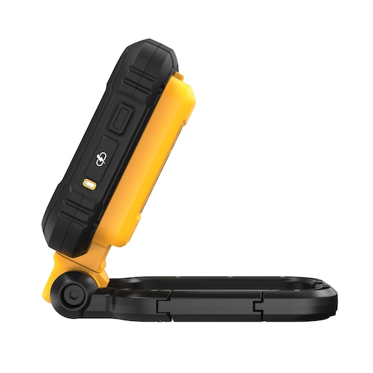 Side view of a DEWALT DCL182 portable work light with a foldable stand, featuring a yellow and black rugged exterior.