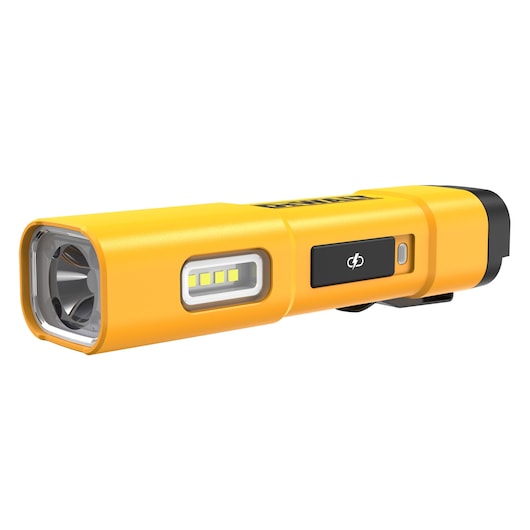A DEWALT DCL183 yellow LED rechargeable flashlight with a rectangular shape, featuring a side array of LED lights and a power button.
