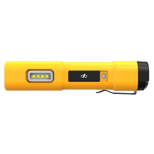 A yellow DEWALT DCL183 LED flashlight with a black clip and side button, designed for portable use.