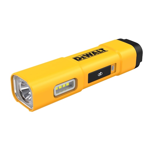 A yellow DEWALT DCL183 rechargeable LED flashlight with a rectangular body, side LED panel, and power button.