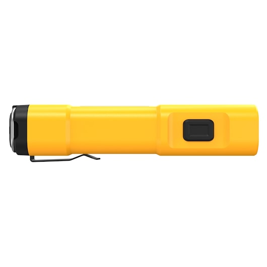 A yellow DEWALT handheld flashlight with a black button and clip, shown from the side.