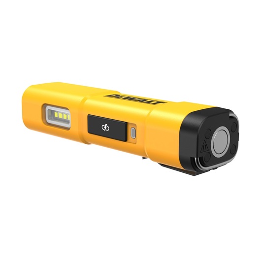A yellow DEWALT DCL183 rechargeable LED stick light with a black end cap and a DEWALT logo on the side. The light has an LED strip on one side and a central power button.