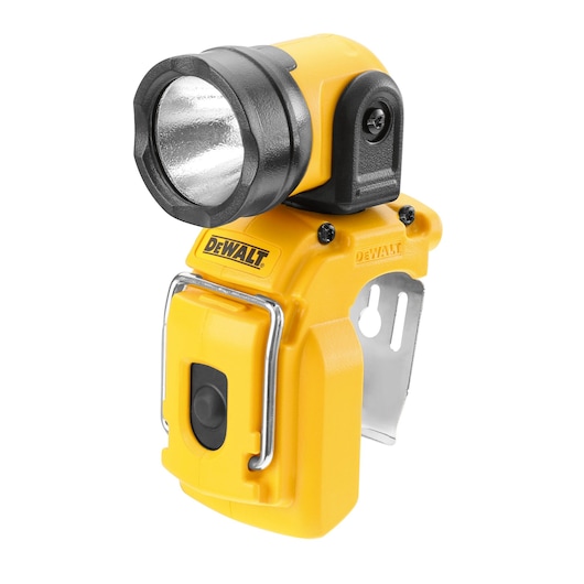 Compact yellow DEWALT LED flashlight with adjustable head and metal clip for convenient mounting.