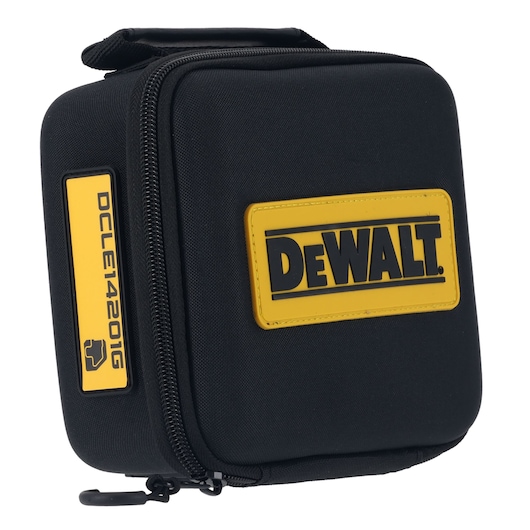 DEWALT branded black zippered carrying case, rectangular, with yellow logo and model DCLE14201GB label.