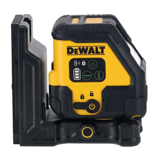 DEWALT yellow and black laser level device with control buttons, mounted on a black base.