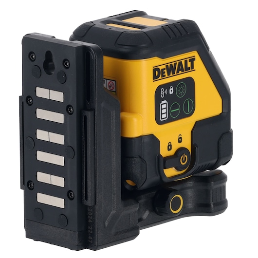 DEWALT DCLE14201GB yellow and black laser level tool with magnetic bracket, shown in close-up view.