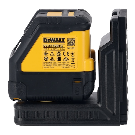 DEWALT DCLE14201GB yellow and black laser level device with product label and mounting bracket visible.