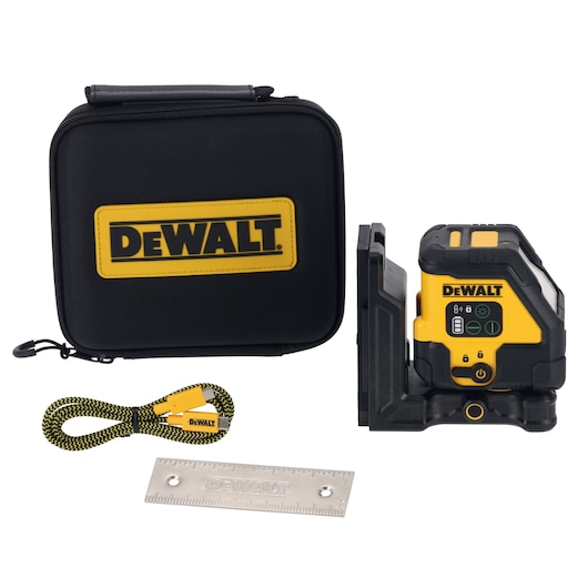 DEWALT laser level kit with case, cord, ruler, and yellow-black device for precise alignment tasks.