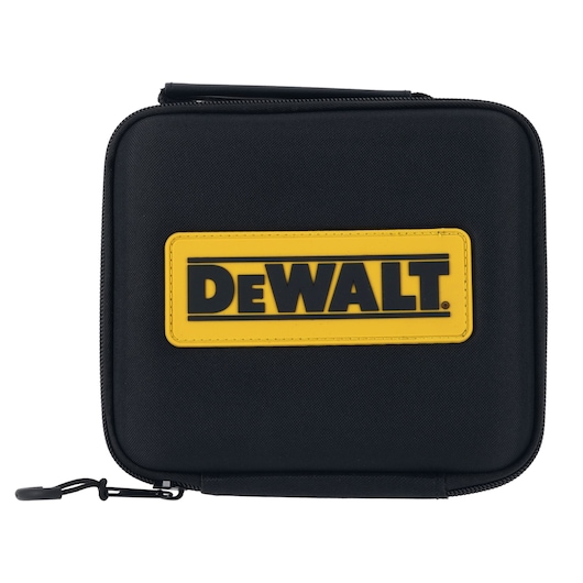 Black DEWALT carrying case with yellow logo, square shape, zip closure, used for photography accessories.