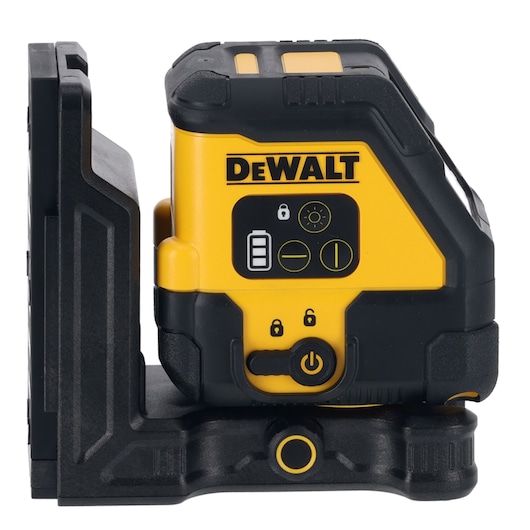DEWALT yellow and black laser level device with battery indicator and control buttons, mounted on a black base.