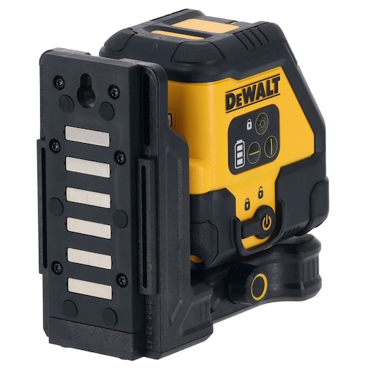 DEWALT yellow and black laser level device with control buttons and mounting bracket, shown in close-up.