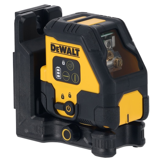 DEWALT yellow and black laser level tool with power button and adjustable base.