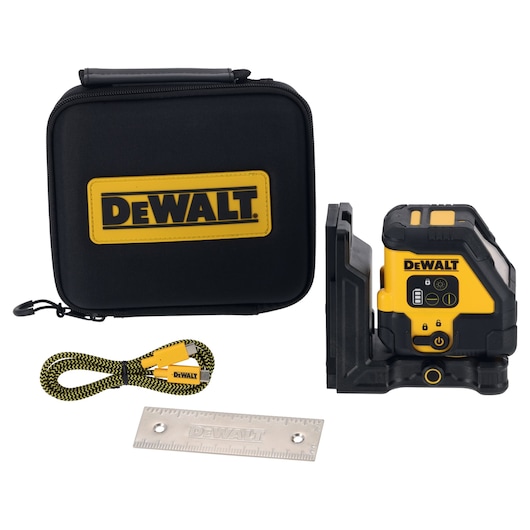 DEWALT laser level set with carrying case, ruler, cable, and tool unit, all shown together on a white background.