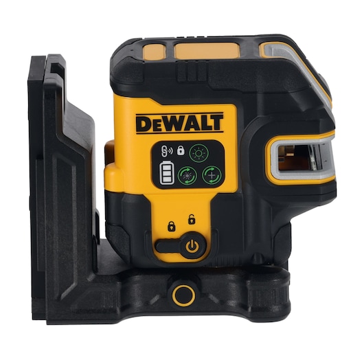 DEWALT DCLE14251G green laser level with control buttons and battery indicator, mounted on black base.