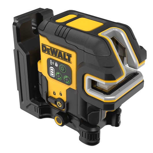 A DEWALT DCLE14251G green cross line laser level with a robust black and yellow body, control buttons on the front, and mounting bracket attached, designed for professional alignment and leveling tasks.