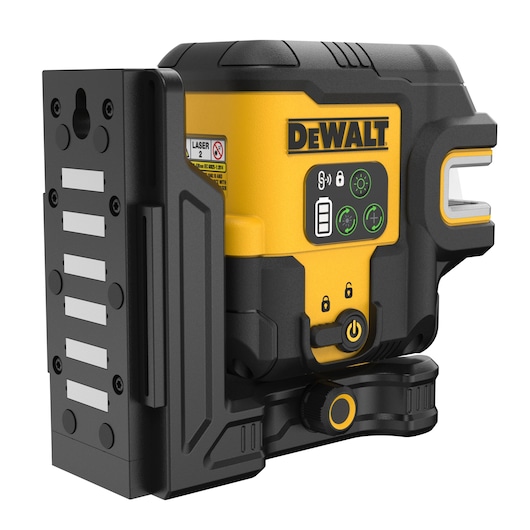 A DEWALT DCLE14251G green cross line laser level with a magnetic mounting bracket. The device features a yellow and black casing, visible control buttons, battery indicator, and DEWALT branding.