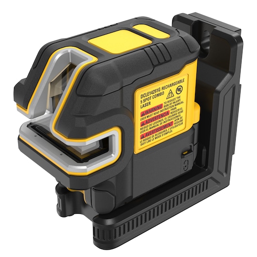 DEWALT rechargeable 5-spot combo laser tool, model DCLE14251G, shown in black and yellow with an integrated mounting base and caution label on the side.