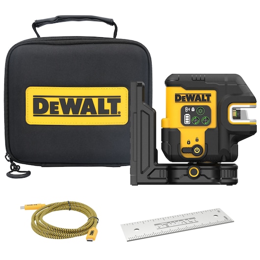 DEWALT photography product kit including a black carrying case with DEWALT branding, a digital device with controls and yellow accents, a yellow and black USB cable, and a metal ruler.