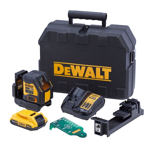 DEWALT DCLE34021D1, DCLE34021D1-QW kit: laser level, battery, charger, accessories, and case.