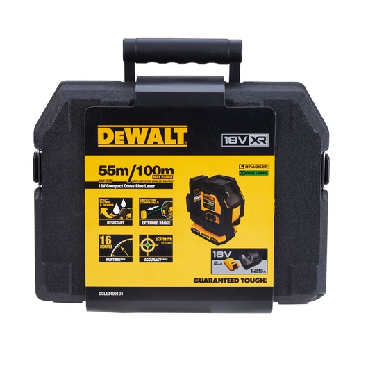 DEWALT photography case with DCLE34021D1, DCLE34021D1-QW SKUs. 18V compact cross line laser kit.
