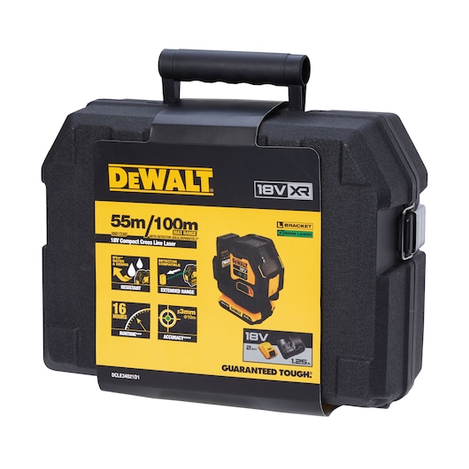 DEWALT case for photography, showing DCLE34021D1, DCLE34021D1-QW SKUs and product info on yellow label.