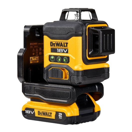 DEWALT 18V laser level tool with 2Ah battery, black and yellow, shown from front and side on white background.